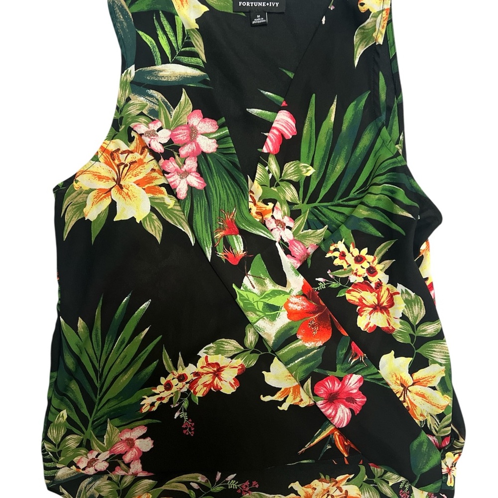 Tropical Floral Wrap Tank Top - Black